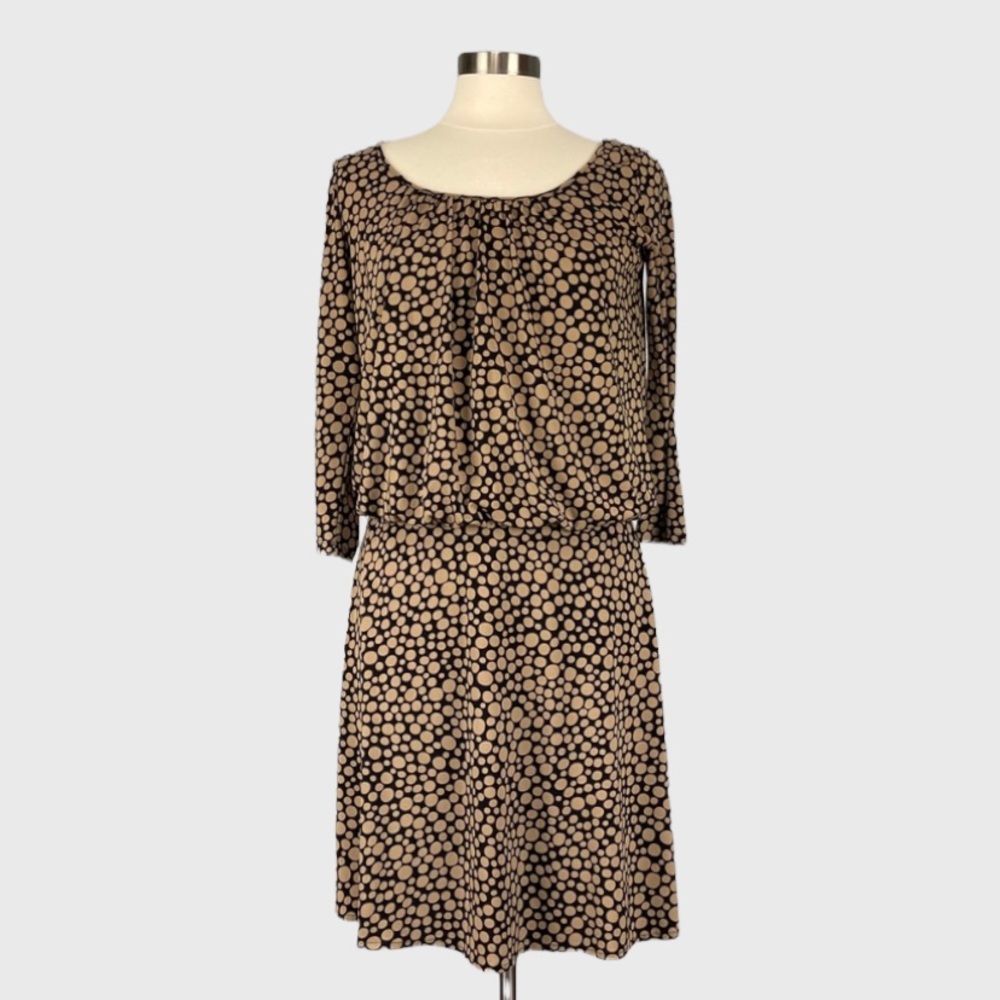 Maggy London Womens Polka Dot Blouson Waist Dress Tan Black Scoop Neck size 8